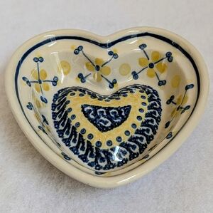 Polish Pottery Small Decorative Heart with a Blue & Yellow Floral Design